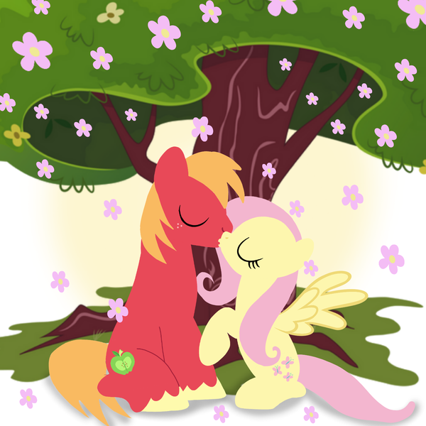 Size: 1400x1400 | Tagged: safe, artist:mlplary6, derpibooru import, big macintosh, fluttershy, earth pony, pegasus, pony, boyfriend and girlfriend, eyes closed, female, flower, fluttermac, image, kiss on the lips, kissing, love, male, mare, png, romantic, shipping, sitting, stallion, straight, tree