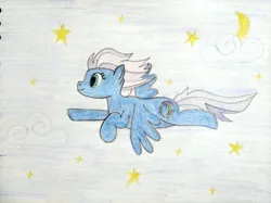 Size: 800x598 | Tagged: artist needed, source needed, safe, derpibooru import, night glider, pegasus, pony, cloud, female, flying, image, jpeg, mare, side view, solo, spread wings, stars, traditional art, wings