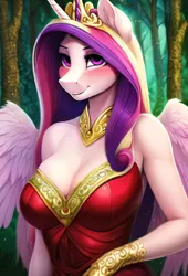 Size: 2048x3015 | Tagged: safe, derpibooru import, machine learning generated, novelai, stable diffusion, princess cadance, alicorn, anthro, ai content, blushing, bracer, breasts, cleavage, clothes, cute, dress, female, forest, high res, horn, image, jewelry, jpeg, looking at you, necklace, outdoors, prompter:endless--, sleeveless, sleeveless dress, smiling, smiling at you, solo, standing, tree, wings