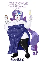 Size: 481x681 | Tagged: safe, artist:professordoctorc, derpibooru import, part of a set, rarity, anthro, unguligrade anthro, unicorn, alcohol, bracelet, breasts, busty rarity, clothes, eating, evening dress, eyes closed, eyeshadow, fat, fat boobs, hungry, image, jewelry, makeup, nail polish, necklace, png, shoes, simple background, socks, stockings, thigh highs, weight gain, weight gain sequence, wine