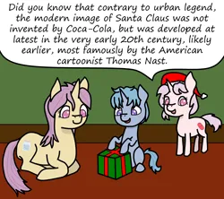 Size: 3600x3200 | Tagged: safe, artist:mannitenerisunt, derpibooru import, oc, oc:blue pill, oc:placebo, oc:red pill, pony, christmas, colt, female, filly, foal, hat, holiday, image, lying down, male, mare, mother and child, mother and daughter, mother and son, png, present, santa hat, siblings, sitting, standing, trio