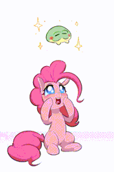 Size: 372x560 | Tagged: safe, alternate version, artist:inkypuso, derpibooru import, pinkie pie, earth pony, frog, pony, animated, big eyes, blushing, cute, diapinkes, eye shimmer, female, gif, hoof on cheek, image, looking up, loop, mare, open mouth, open smile, simple background, sitting, smiling, solo, sparkles, white background