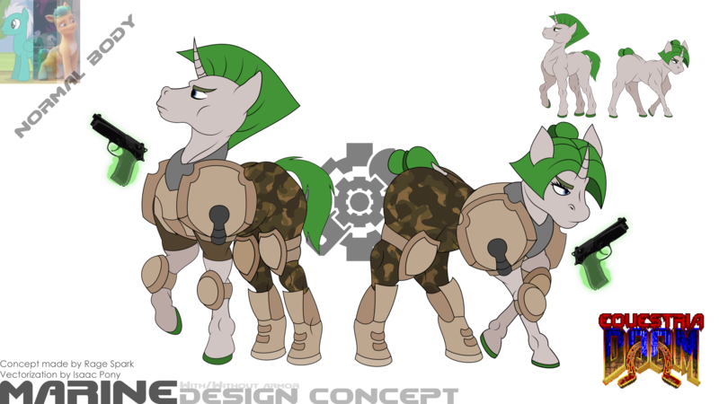Size: 3685x2073 | Tagged: safe, artist:isaac_pony, artist:ragedox, derpibooru import, pony, unicorn, armor, armored pony, concept, design, doom, equestria doom, female, game, green hair, gun, hand, handgun, image, magic, magic aura, magic hands, male, marine, marines, mod, no armor, pistol, png, realistic, realistic horse legs, reference, reference sheet, simple background, transparent background, weapon