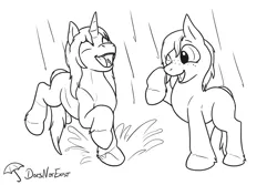 Size: 3000x2000 | Tagged: safe, artist:theandymac, derpibooru import, oc, oc:chessie, oc:rivibaes, unofficial characters only, earth pony, pony, unicorn, female, filly, image, monochrome, png, rain, splashing