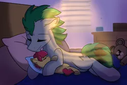 Size: 3000x2000 | Tagged: safe, artist:aurorafang, derpibooru import, oc, oc:chessie, oc:miko, unofficial characters only, earth pony, pony, cuddling, father and child, father and daughter, female, filly, foal, image, male, png, sleeping