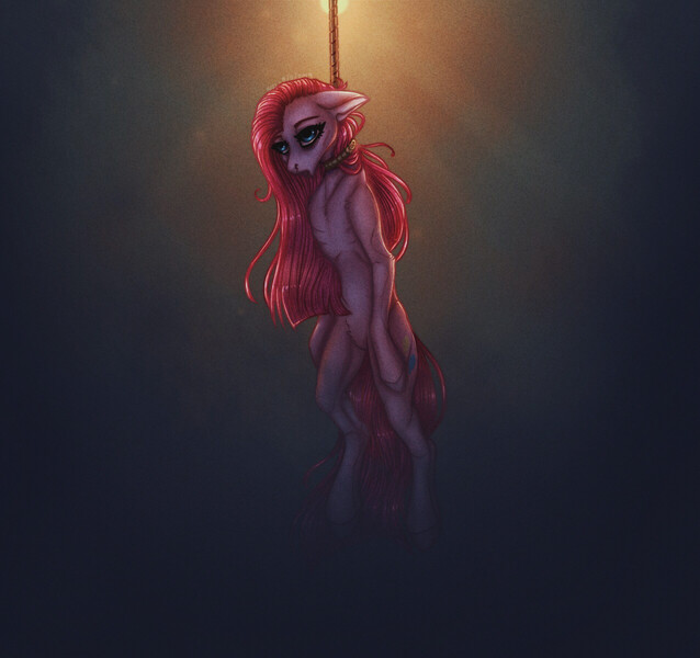 Size: 1275x1200 | Tagged: grimdark, artist:blitsazalisdash, derpibooru import, pinkie pie, earth pony, pony, 2019, abstract background, belly, concave belly, death, hanging (by neck), image, jpeg, muscles, noose, pinkamena diane pie, ribcage, ribs, skinny, sternocleidomastoid, suicide, thin