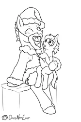 Size: 2000x3000 | Tagged: safe, artist:theandymac, derpibooru import, oc, oc:chessie, oc:miko, unofficial characters only, earth pony, pony, christmas, clothes, costume, father and child, father and daughter, female, filly, foal, holiday, image, laughing, male, monochrome, png, santa costume, simple background, sitting on lap, white background