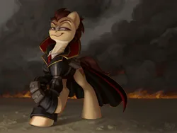 Size: 3604x2709 | Tagged: safe, artist:amishy, derpibooru import, earth pony, pony, clothes, coat, fire, high collar, image, jpeg, looking back, male, necktie, smiling, smirk, smoke, solo, stallion