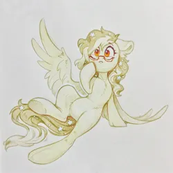 Size: 2560x2557 | Tagged: safe, artist:amishy, derpibooru import, oc, unofficial characters only, pegasus, pony, :c, chest fluff, female, floppy ears, flower, flower in hair, frown, glasses, image, jpeg, lying down, mare, on back, one wing out, solo, traditional art, underhoof, wings