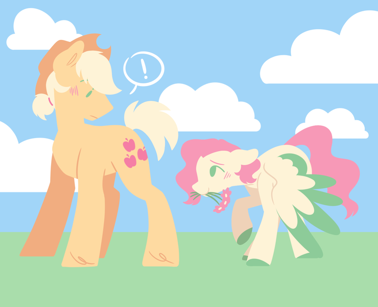Size: 1329x1077 | Tagged: safe, artist:glowfangs, derpibooru import, applejack, fluttershy, earth pony, pegasus, pony, applejack (male), appleshy, blushing, butterscotch, colored hooves, colored wings, colored wingtips, duo, duo male, exclamation point, female, floppy ears, flower, gay, image, lesbian, lineless, male, mouth hold, png, rule 63, shipping, shy, stallion, wings, wings down