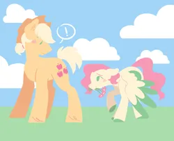 Size: 1329x1077 | Tagged: safe, artist:glowfangs, derpibooru import, applejack, fluttershy, earth pony, pegasus, pony, applejack (male), appleshy, blushing, butterscotch, colored hooves, colored wings, colored wingtips, duo, duo male, exclamation point, female, floppy ears, flower, gay, image, lesbian, lineless, male, mouth hold, png, rule 63, shipping, shy, stallion, wings, wings down