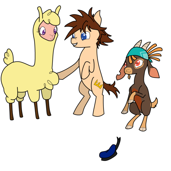 Size: 3000x3000 | Tagged: safe, artist:mannitenerisunt, derpibooru import, alpaca, goat, pony, them's fightin' herds, bandana, community related, hat, image, kingdom hearts, paprika (tfh), png, sailor hat, shanty (tfh), simple background, sitting, sora, standing, transparent background, trio