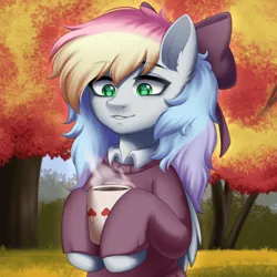 Size: 1920x1920 | Tagged: safe, artist:alunedoodle, derpibooru import, oc, oc:blazey sketch, unofficial characters only, pegasus, autumn, bow, chocolate, clothes, female, food, green eyes, grey fur, hair bow, hot chocolate, image, multicolored hair, pegasus oc, png, smiling, solo, solo female, sweater, wings