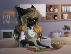 Size: 4000x3038 | Tagged: safe, artist:shinoshai, derpibooru import, oc, oc:greenviper, anthro, pegasus, cooking, female, food, image, jpeg, knife, pegasus oc, smiling, solo, vegetables, wings