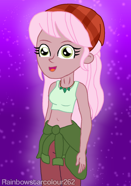 Size: 931x1317 | Tagged: safe, artist:rainbowstarcolour262, derpibooru import, raspberry lilac, human, equestria girls, equestria girls series, :d, background human, bandana, bare shoulders, belly button, clothes, cute, derpibooru exclusive, female, gradient background, image, jewelry, leggings, looking at you, necklace, not cheerilee, open mouth, open smile, png, redraw, signature, smiling, smiling at you, solo, sports bra