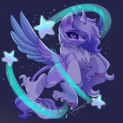 Size: 2000x2000 | Tagged: safe, artist:skyboundsiren, derpibooru import, oc, oc:siren andromeda, alien, alien pony, chest fluff, female, flying, image, png, signature, smiling, solo, spread wings, stars, unshorn fetlocks, wings