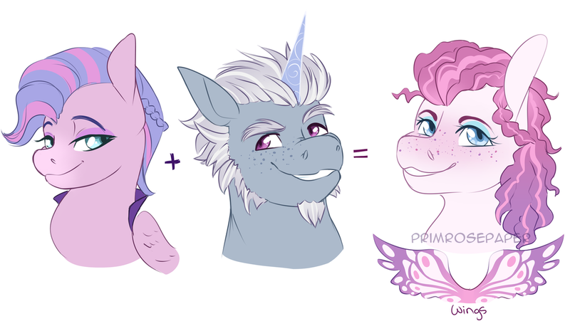 Size: 1181x676 | Tagged: safe, artist:primrosepaper, derpibooru import, queen haven, oc, oc:butterfly effect, pegasus, pony, unicorn, g5, alphabittle blossomforth, bust, female, grin, image, male, mare, offspring, parent:alphabittle blossomforth, parent:queen haven, parents:alphahaven, png, simple background, smiling, stallion, trio, watermark, white background