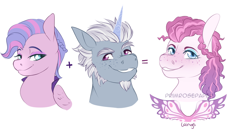 Size: 1181x676 | Tagged: safe, artist:primrosepaper, derpibooru import, alphabittle (g5), queen haven, oc, oc:butterfly effect, pegasus, pony, unicorn, g5, bust, female, grin, image, male, mare, offspring, parent:alphabittle blossomforth, parent:queen haven, parents:alphahaven, png, simple background, smiling, stallion, trio, watermark, white background