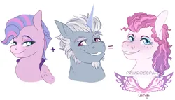 Size: 1181x676 | Tagged: safe, artist:primrosepaper, derpibooru import, queen haven, oc, oc:butterfly effect, pegasus, pony, unicorn, g5, alphabittle blossomforth, bust, female, grin, image, male, mare, offspring, parent:alphabittle blossomforth, parent:queen haven, parents:alphahaven, png, simple background, smiling, stallion, trio, watermark, white background