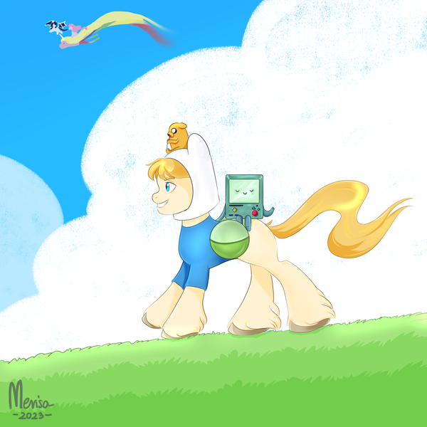 Size: 3000x3000 | Tagged: safe, derpibooru import, pony, adventure time, bmo, fanart, finn the human, image, jake the dog, png, sky