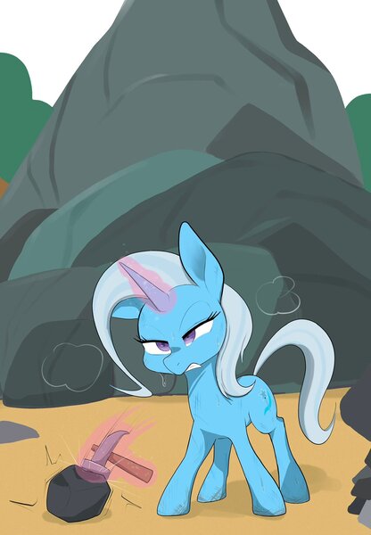 Size: 1420x2048 | Tagged: safe, artist:noupu, derpibooru import, trixie, pony, unicorn, art trade, female, glow, glowing horn, gritted teeth, hammer, horn, image, jpeg, levitation, magic, mare, narrowed eyes, rock, rock farm, solo, teeth, telekinesis