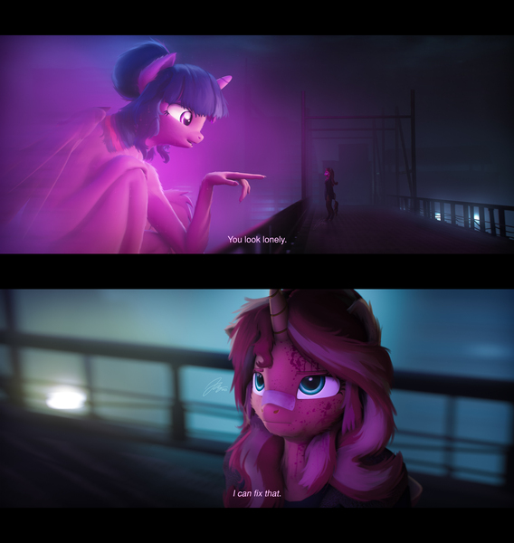 Size: 9600x10142 | Tagged: suggestive, artist:imafutureguitarhero, derpibooru import, sci-twi, sunset shimmer, twilight sparkle, twilight sparkle (alicorn), alicorn, anthro, classical unicorn, pony, unguligrade anthro, unicorn, 2 panel comic, 3d, absurd file size, absurd resolution, alicornified, arm fluff, arm freckles, bandaid, bandaid on nose, black bars, blade runner, blade runner 2049, blood, boots, bridge, cargo pants, cheek fluff, chromatic aberration, clothed female nude female, clothes, cloven hooves, colored eyebrows, colored eyelashes, comic, crossover, dialogue, duo, ear fluff, ear freckles, female, film grain, floppy ears, fluffy hair, fluffy mane, fluffy tail, freckles, glow, hologram, hoof boots, horn, image, jacket, jpeg, kneeling, leather, leather boots, leg fluff, leonine tail, long hair, long mane, long nails, looking up, mare, multicolored hair, multicolored mane, multicolored tail, neck fluff, night, nose wrinkle, nudity, one ear down, outdoors, paintover, pants, parody, peppered bacon, pointing, race swap, rain, revamped anthros, revamped ponies, scene interpretation, scene parody, scitwilicorn, shoes, signature, size difference, smiling, source filmmaker, tail, tail fluff, text, unshorn fetlocks, wall of tags, wing freckles, wings