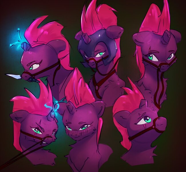 Size: 1200x1107 | Tagged: safe, artist:itssim, derpibooru import, tempest shadow, pony, unicorn, blushing, bridle, broken horn, bust, eye scar, facial scar, female, frown, glow, glowing horn, halter, harness, helmet, horn, image, jpeg, knife, kunai, magic, mare, mouth hold, multeity, reins, scar, smiling, solo, tack