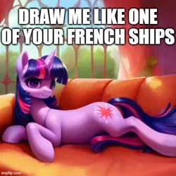 Size: 500x500 | Tagged: suggestive, derpibooru import, machine learning generated, twilight sparkle, pony, unicorn, ai content, couch, curtains, generator:pony diffusion v5, image, jpeg, looking at you, lying down, meme, meme origin, prone, pun, solo, tail, tail between legs, titanic, tree, window