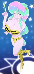 Size: 875x1893 | Tagged: suggestive, artist:batipin, derpibooru import, princess celestia, equestria girls, belly button, boots, breasts, busty princess celestia, clothes, image, jpeg, legs, looking at you, midriff, one eye closed, principal celestia, shoes, stars, urusei yatsura, wink