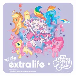 Size: 1200x1200 | Tagged: safe, derpibooru import, official, applejack, fluttershy, pinkie pie, rainbow dash, big cat, butterfly, earth pony, insect, lion, pegasus, pony, ajani goldmane, apple, balloon, chibi, cloud, controller, dice, extra life, female, food, grin, happy, image, jpeg, magic the gathering, mare, merchandise, my little pony logo, one eye closed, purple background, rainbow, simple background, smiling, stars, sticker, wink