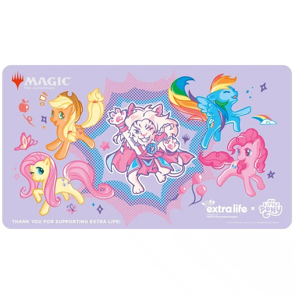 Size: 1200x1200 | Tagged: safe, derpibooru import, official, applejack, fluttershy, pinkie pie, rainbow dash, big cat, butterfly, earth pony, insect, lion, pegasus, pony, ajani goldmane, balloon, chibi, cloud, controller, dice, extra life, female, grin, happy, image, jpeg, looking at you, magic the gathering, mare, merchandise, playmat, purple background, rainbow, simple background, smiling, stars
