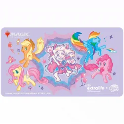 Size: 1200x1200 | Tagged: safe, derpibooru import, official, applejack, fluttershy, pinkie pie, rainbow dash, big cat, butterfly, earth pony, insect, lion, pegasus, pony, ajani goldmane, balloon, chibi, cloud, controller, dice, extra life, female, grin, happy, image, jpeg, looking at you, magic the gathering, mare, merchandise, playmat, purple background, rainbow, simple background, smiling, stars