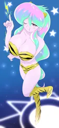 Size: 3500x7570 | Tagged: suggestive, artist:batipin, derpibooru import, princess celestia, equestria girls, bedroom eyes, belly button, boots, breasts, busty princess celestia, clothes, female, image, legs, looking at you, lum invader, midriff, one eye closed, png, principal celestia, shoes, smiling, solo, solo female, stars, urusei yatsura, wink, winking at you