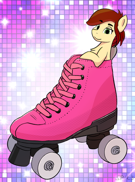 Size: 1380x1860 | Tagged: safe, artist:single purpose, derpibooru import, oc, oc:canni soda, earth pony, 80s, image, looking at you, png, skates, solo
