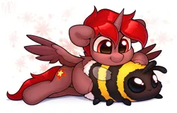 Size: 2693x1723 | Tagged: safe, derpibooru import, oc, oc:hardy, alicorn, bee, insect, pony, bumblebee, chest fluff, chibi, full body, heart, heart eyes, hug, image, male, png, smiling, spread wings, stallion, wingding eyes, wings