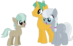 Size: 705x442 | Tagged: safe, artist:camomiie, artist:selenaede, derpibooru import, silver spoon, snails, oc, oc:golden beetle, earth pony, pony, unicorn, base used, colt, female, foal, glasses, image, male, mare, offspring, older, older silver spoon, older snails, parent:silver spoon, parent:snails, parents:snailspoon, png, shipping, simple background, snailspoon, stallion, straight, transparent background, trio