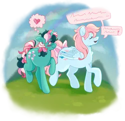 Size: 2414x2336 | Tagged: safe, artist:beetlepaws, derpibooru import, fizzy, wind whistler, pegasus, unicorn, g1, blue, blush scribble, blushing, bow, cutie mark, duo, duo female, eyes closed, female, green, image, multicolored hair, pink eyes, pink hair, pink mane, pink tail, png, shipping, simple background, speech bubble, tail, tail bow, thought bubble, walking, wings