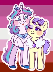 Size: 502x686 | Tagged: safe, artist:charlie03bigote, derpibooru import, cream puff, princess flurry heart, alicorn, earth pony, pony, duo, duo female, female, flurrypuff, image, lesbian, lesbian pride flag, mare, older, older cream puff, older flurry heart, png, pride, pride flag, shipping