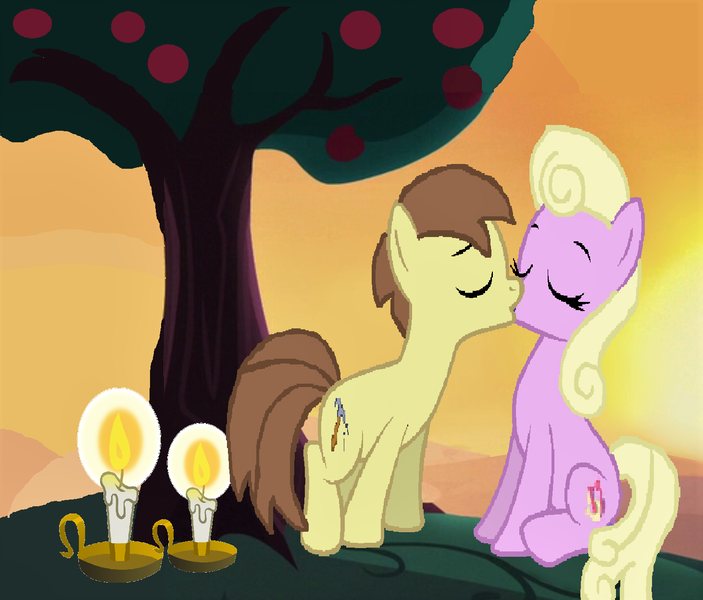 Size: 1462x1248 | Tagged: safe, artist:starryc94, derpibooru import, luckette, rivet, earth pony, pony, base used, candle, eyes closed, female, image, kissing, luckivet, male, mare, png, shipping, stallion, straight, sunset