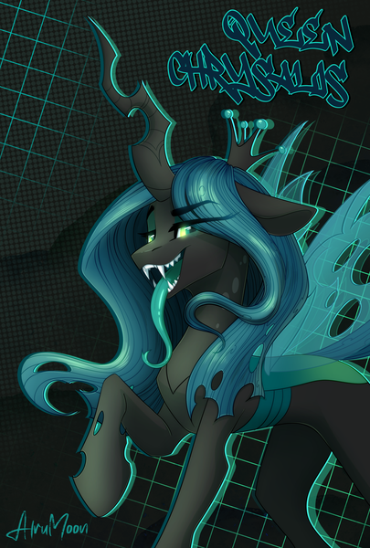 Size: 2259x3345 | Tagged: safe, artist:alrumoon_art, derpibooru import, queen chrysalis, changeling, changeling queen, abstract background, crown, eye clipping through hair, eyebrows, eyebrows visible through hair, fangs, female, glow, glowing eyes, high res, image, insect wings, jewelry, long tongue, looking at you, open mouth, open smile, png, raised hoof, regalia, signature, smiling, smiling at you, solo, spread wings, standing, three quarter view, tongue out, wings