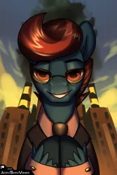 Size: 2000x3000 | Tagged: safe, artist:jedayskayvoker, derpibooru import, oc, oc:money trough, pony, bust, clapping, clothes, colored sketch, evil grin, factory, glasses, grin, icon, image, looking at you, male, necktie, png, portrait, sepia, shirt, sketch, smiling, smiling at you, solo, stallion, unshorn fetlocks