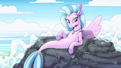 Size: 2560x1440 | Tagged: safe, artist:mysticalpha, derpibooru import, silverstream, seapony (g4), blue mane, clothes, cloud, dorsal fin, eyelashes, female, fin, fin wings, fins, fish tail, flowing mane, flowing tail, high res, image, jewelry, looking at you, necklace, ocean, png, purple eyes, rock, seapony silverstream, see-through, sky, smiling, smiling at you, solo, tail, water, wave, wet, wings