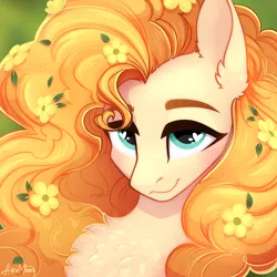Size: 2048x2048 | Tagged: safe, artist:alrumoon_art, derpibooru import, pear butter, earth pony, pony, blue eyes, bust, chest fluff, cute, detailed hair, ear fluff, female, flower, flower in hair, g4, heart, heart eyes, high res, image, looking at you, pearabetes, png, portrait, signature, smiling, smiling at you, solo, wingding eyes