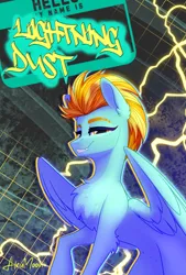 Size: 2259x3345 | Tagged: safe, artist:alrumoon_art, derpibooru import, lightning dust, pegasus, pony, abstract background, belly, chest fluff, concave belly, ear fluff, eyebrows, fangs, female, g4, high res, image, leg fluff, lidded eyes, lightning, looking at you, mare, outline, png, raised hoof, signature, solo, three quarter view, wings