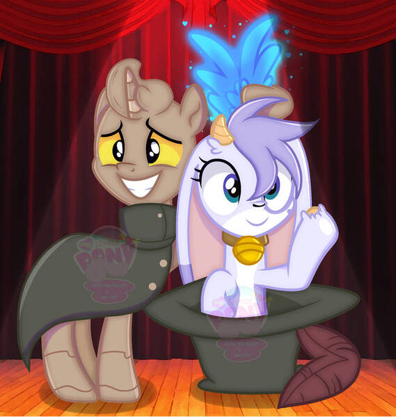 Size: 870x918 | Tagged: safe, artist:zafirastargalaxy, ponified, earth pony, pony, unicorn, base used, billie, billie bust up, fantoccio, female, hat, magic trick, male, mare, non binary, obtrusive watermark, stallion, watermark