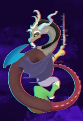 Size: 2197x3219 | Tagged: safe, artist:alrumoon_art, derpibooru import, discord, draconequus, abstract background, chromatic aberration, horns, image, looking at you, male, png, solo, solo male, spread wings, wings