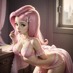 Size: 1536x1536 | Tagged: suggestive, derpibooru import, machine learning generated, fluttershy, equestria girls, ai content, arm behind back, bra, breasts, cleavage, clothes, female, image, lingerie, looking at you, panties, png, room, solo, solo female, underwear
