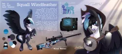 Size: 3600x1583 | Tagged: safe, artist:alrumoon_art, derpibooru import, oc, unofficial characters only, pegasus, pony, banjo, cowboy hat, fallout, gun, hat, high res, image, male, multicolored mane, musical instrument, pipbuck, png, reference sheet, rifle, scar, sniper rifle, spread wings, standing on two hooves, weapon, wings