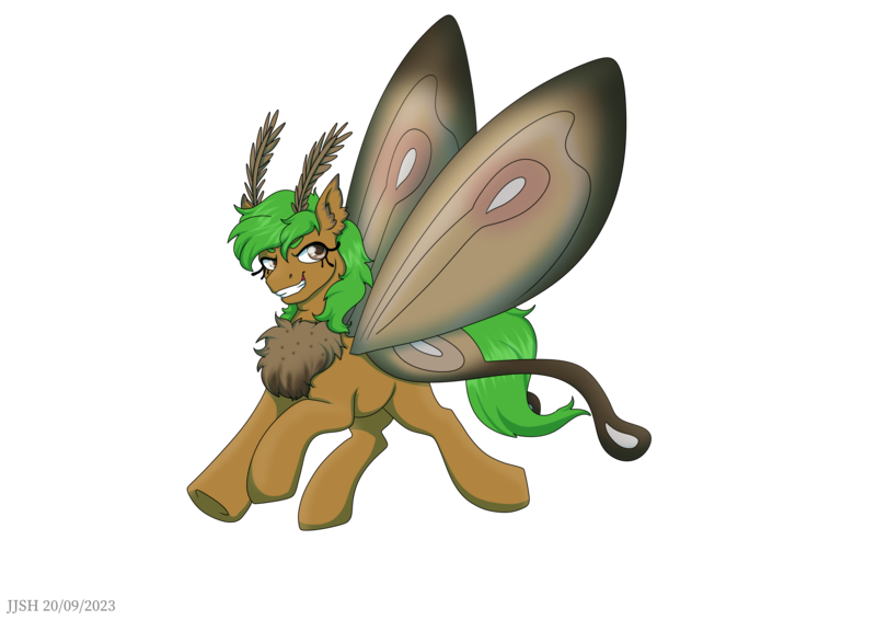 Size: 4093x2894 | Tagged: safe, artist:jjs, derpibooru import, oc, oc:peatmoss, unofficial characters only, insect, moth, mothpony, original species, pony, chest fluff, grin, high res, image, insect wings, male, png, signature, simple background, smiling, solo, spread wings, stallion, transparent background, wings