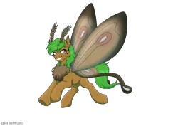 Size: 4093x2894 | Tagged: safe, artist:jjs, derpibooru import, oc, oc:peatmoss, unofficial characters only, insect, moth, mothpony, original species, pony, chest fluff, grin, high res, image, insect wings, male, png, signature, simple background, smiling, solo, spread wings, stallion, transparent background, wings